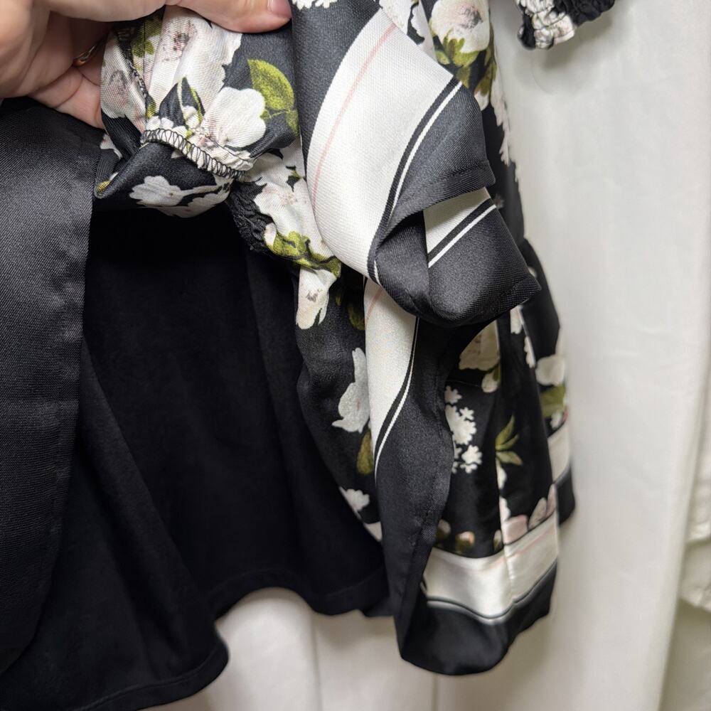 Anne Klein Women 12 Black Floral Shirt Dress Long Sleeve Belted Ruffle Hem - Picture 7 of 9